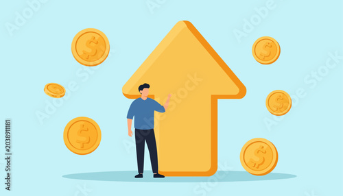 Obraz na płótnie Financial growth concept with a businessman standing near a large upward arrow a