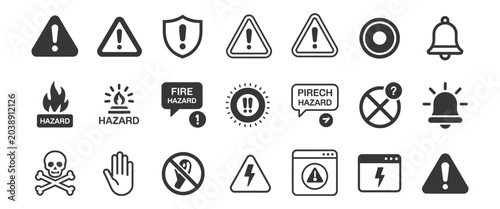 Foto Bold warning line icon set, alert danger caution and error symbols, clean vector silhouette style, safety notification and hazard indicator icons for UI design