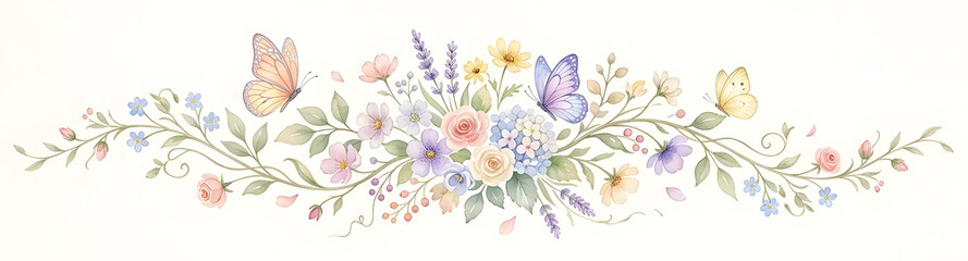 Watercolor floral wreath with butterflies and wildflowers in soft pastel spring arrangement