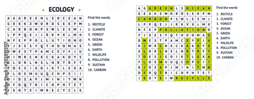 Ecology word search filword puzzle logic game with answer. Educational English vocabulary worksheet for decoding grid with nature, environment and sustainability words for kids and school.