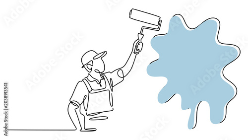 Obraz na plátne Continuous line drawing of a painter painting a wall with a roller, minimalist d