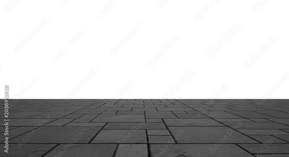 Fototapeta premium Low angle gray rectangular tile floor on black background