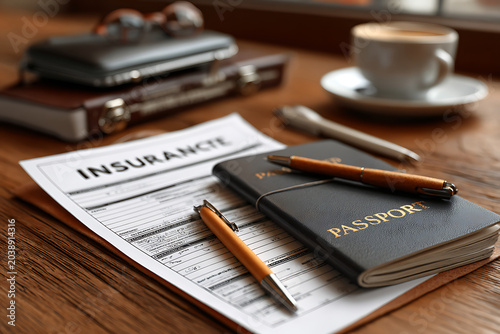 Travel insurance documents passport and coffee cup on wooden desk representing international travel preparation safety and tourism planning.