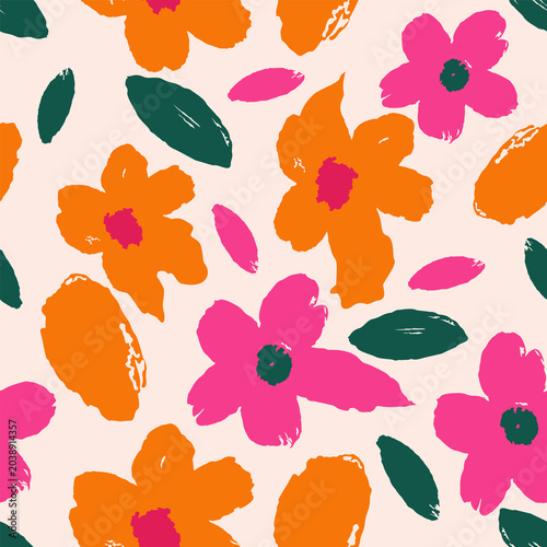 Fotografie Bold pink and orange floral seamless pattern with modern botanical leaves background