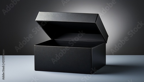 minimalist black box with an open lid revealing an empty interior on a dark grey background