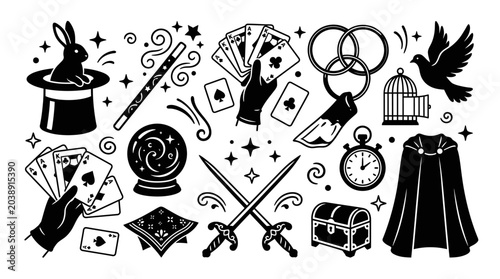 Bild auf Leinwand Magician performs magic tricks with various props on a table indoors in 2026