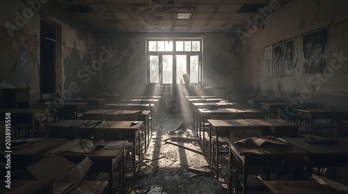 Photorealistic Broken Classroom Interior with Torn Artwork and Dramatic Atmospheric Lighting