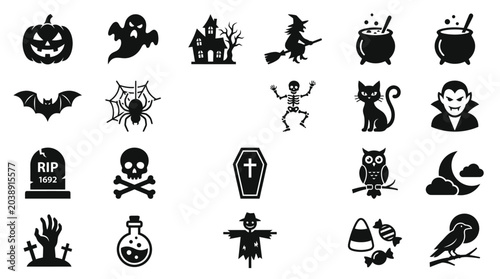 Photos A spooky Halloween scene with various creepy icons and symbols on a white background including pumpkins ghosts bats skeletons witches and spiders
