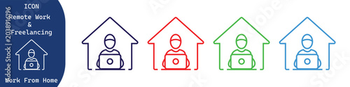 Tablou pe pânză Vector icons of people working from home in different colored lines