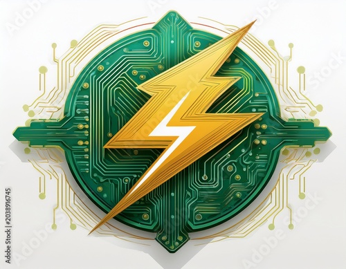 bitcoin logo with lightning bolt and circuit board design isolated on white background