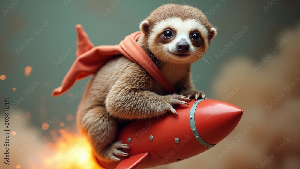 Fototapeta premium Adorable sloth perches atop a glowing red rocket. Fiery flames billow behind as it speeds through space. Sloth wears a red scarf, smiling confidently. Its eyes sparkle with adventure, not fear