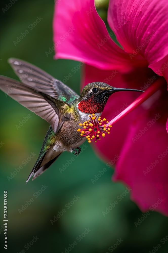 Fototapeta premium Macro Close Up of Hummingbird Hovering to Feed on Fuchsia Hibiscus Flower