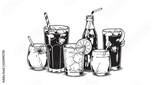 Fényképezés Assortment of Cold Drinks with Ice and Straws in Line Art Style