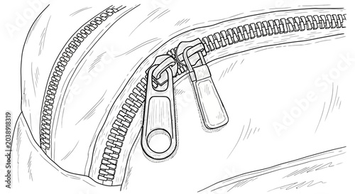 Bild auf Leinwand A detailed black and white line art sketch shows a backpack zipper close-up on a white background