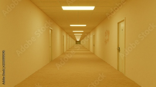 endless eerie hallway with countless doors and vintage atmosphere