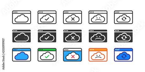Cloud browser web status icon set. Browser window with cloud in states of default, success checkmark, error cross, sad face and refresh, representing cloud service status and UI error states. Outline,
