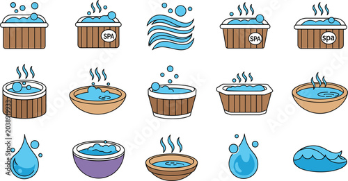 Fotografie Spa Hot Tub and Wellness Water Therapy Vector Icon Collection Set