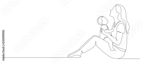 Foto A minimalist continuous line art illustration depicting a mother sitting on the floor while tenderly holding her baby on her lap as they both look upward