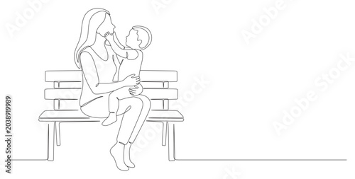 Foto A minimalist continuous line art illustration depicting a mother sitting on a park bench while holding her toddler on her lap, who tenderly touches her face as they look at each other