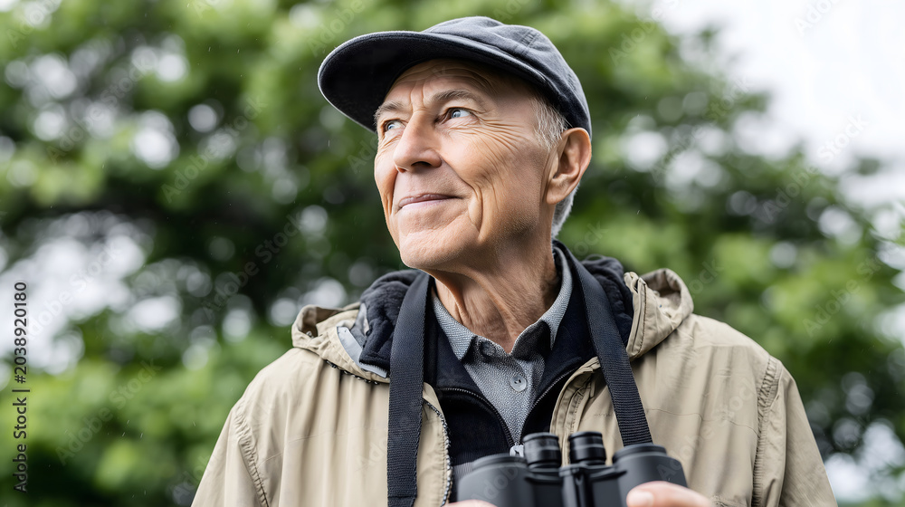 Obraz premium Senior man with binoculars birdwatching in nature park