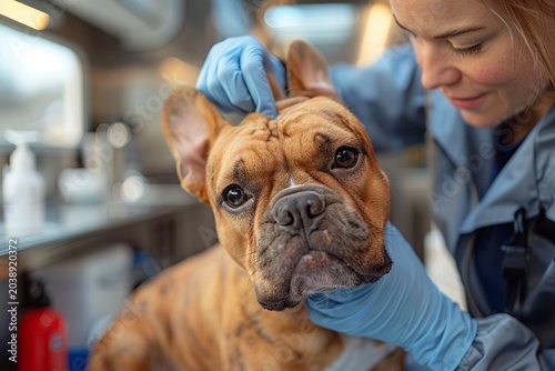 Bulldog receiving gentle ear cleaning in mobile grooming station