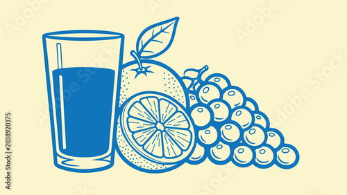 Obraz na plátně Fresh orange juice glass served with orange fruit halves and bunch of grapes blue outline