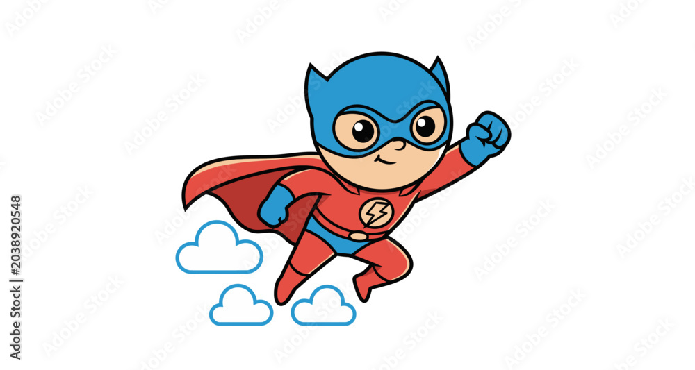 Fototapeta premium Cartoon superhero kid flying with cape silhouette on transparent background