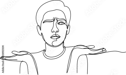 Photos Confused Man Shrugging Shoulders, Single Line Drawing, Expression of Doubt