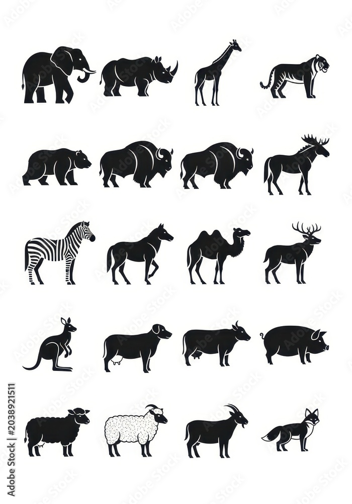 Fototapeta premium Set of 20 Minimalist Animal Silhouettes and Icons Featuring Wildlife and Domestic Species on White Background