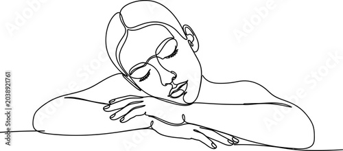 Photos Minimalist Line Art of a Woman Sleeping, Resting Head on Arms, Serene Face