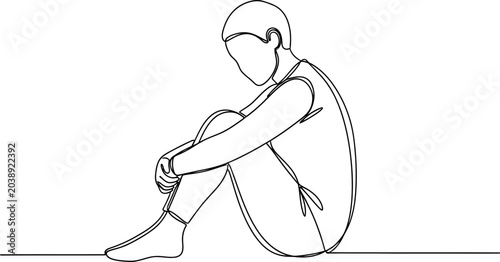 Canvas Print One line drawing of a person sitting in a fetal position, embracing knees, conveying isolation and introspection