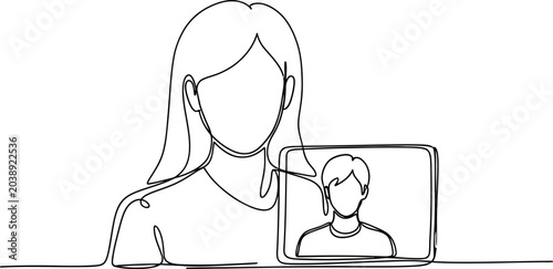 Fotografie Continuous line drawing of a woman on a video call with another person