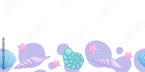 Seamless border with colorful shells and a starfish. Children's vector illustration for the design of posters, postcards, banners