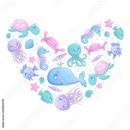 Cute cartoon sea animals in the shape of a heart on a white background. Whale, jellyfish, octopus, fish, seahorse, turtle, crab, star. Children's vector illustration for the design of poster, postcard