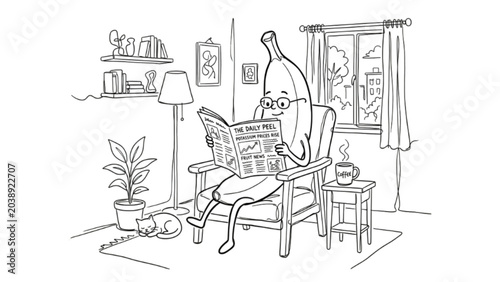 Photos Anthropomorphic Banana Reading Newspaper – Continuous One Line Playful Surreal I