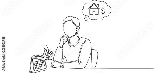 Photos Person contemplating house purchase and financial growth, single line drawing