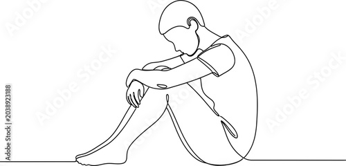 Konstfotografi One Line Drawing of a Sad Person Sitting Alone, Feeling Lonely and Depressed