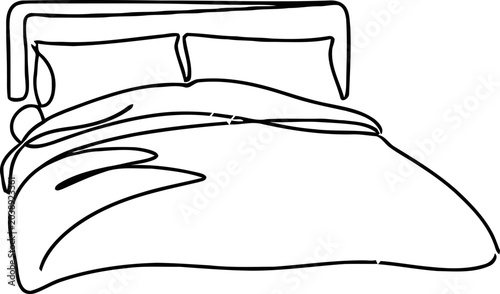 Bild auf Leinwand Minimalist Line Art of a Double Bed with Pillows and Blanket