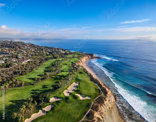 aerial view of golf course at torrey pines with vast oceanic expanse in la jolla