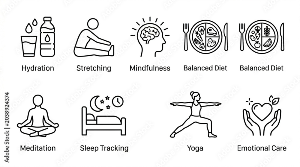 Fototapeta premium A person practices yoga and meditation with healthy food and sleep.
