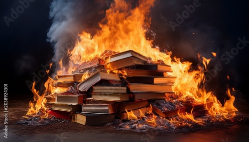a pile of burning books with flames licking at the edges and smoke billowing into the air representing censorship and banned literature forbidden knowledge chaos
