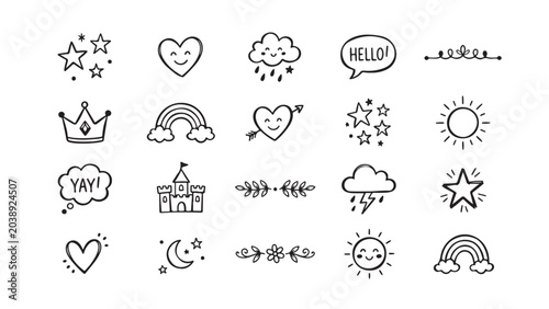 Cute Hand Drawn Icon Set with Rainbow Sun Heart and Castle