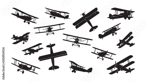 Tableau sur toile Set of Vintage Biplane Silhouettes Isolated on White Background