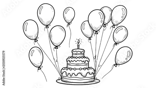Fotografija A black and white illustration of a birthday cake with balloons.
