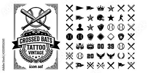 Foto Crossed Bats Tattoo Vintage Black White-Pennant Banner Crest Classic-Sport Vecto