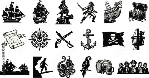 Photos Pirate Silhouette Icons of Ships Treasure Weapons Compass Flag and Nautical Adve