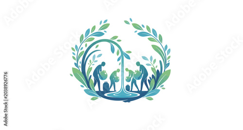 Εκτύπωση καμβά People carrying water jugs with leaves wreath silhouette on transparent backgrou