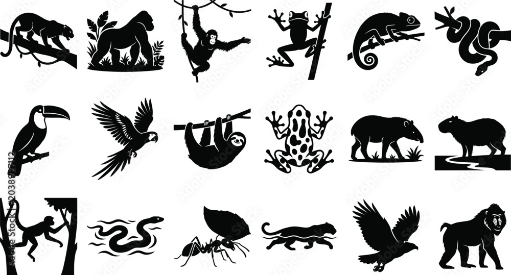 Fototapeta premium Rainforest Animal Silhouette Icons of Jaguar Gorilla Monkey Birds Reptiles Amphibians and Jungle Wildlife Vector Set