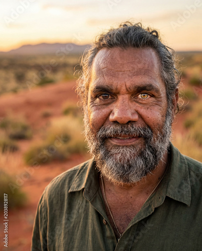 Bearded man with heterochromia smiles in desert at golden hour