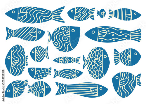 Foto Stencil doodle fish compilation set